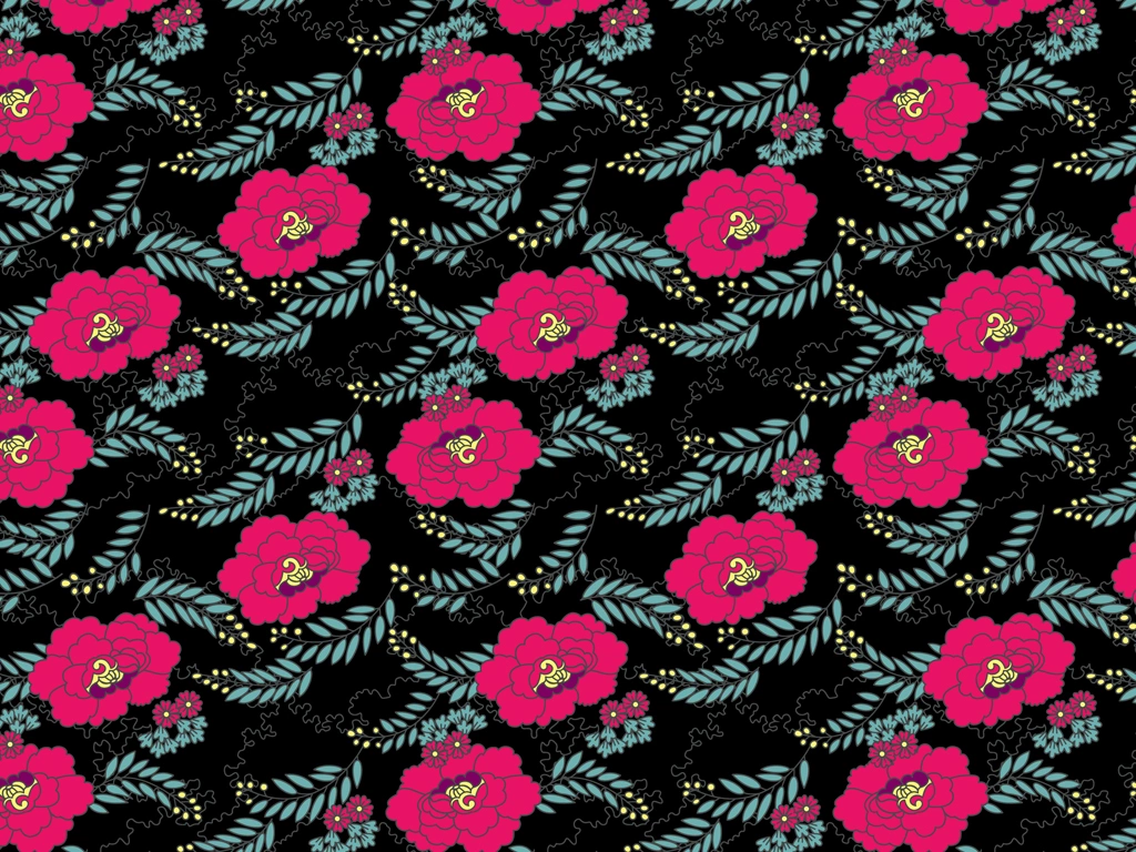 Pink Peony Chintz Pattern on Black Background