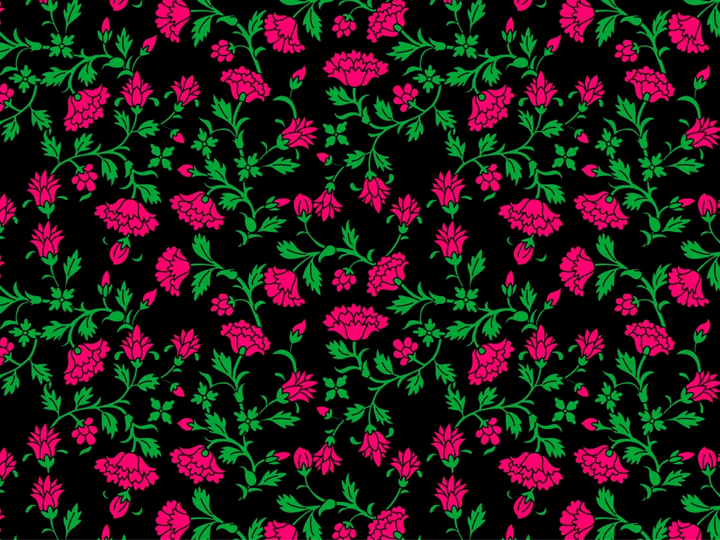 Pink Floral Chintz Pattern on Black Background