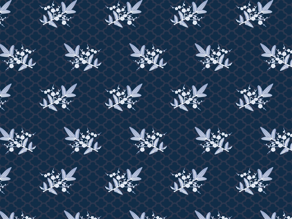 White Japanese Plant Pattern with Navy Background