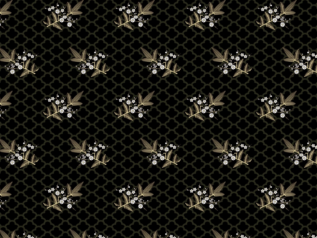 Gold and White Japanese Plant Pattern with Black Background