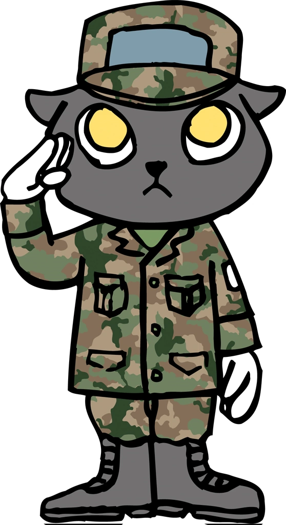 迷彩服姿を着て敬礼する猫の陸軍兵士のイラスト