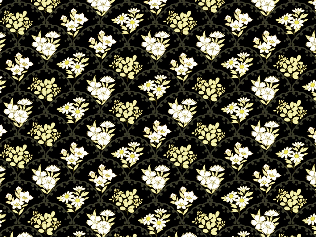 Wave and Yellow and White Floral Pattern with Black Background Illustration