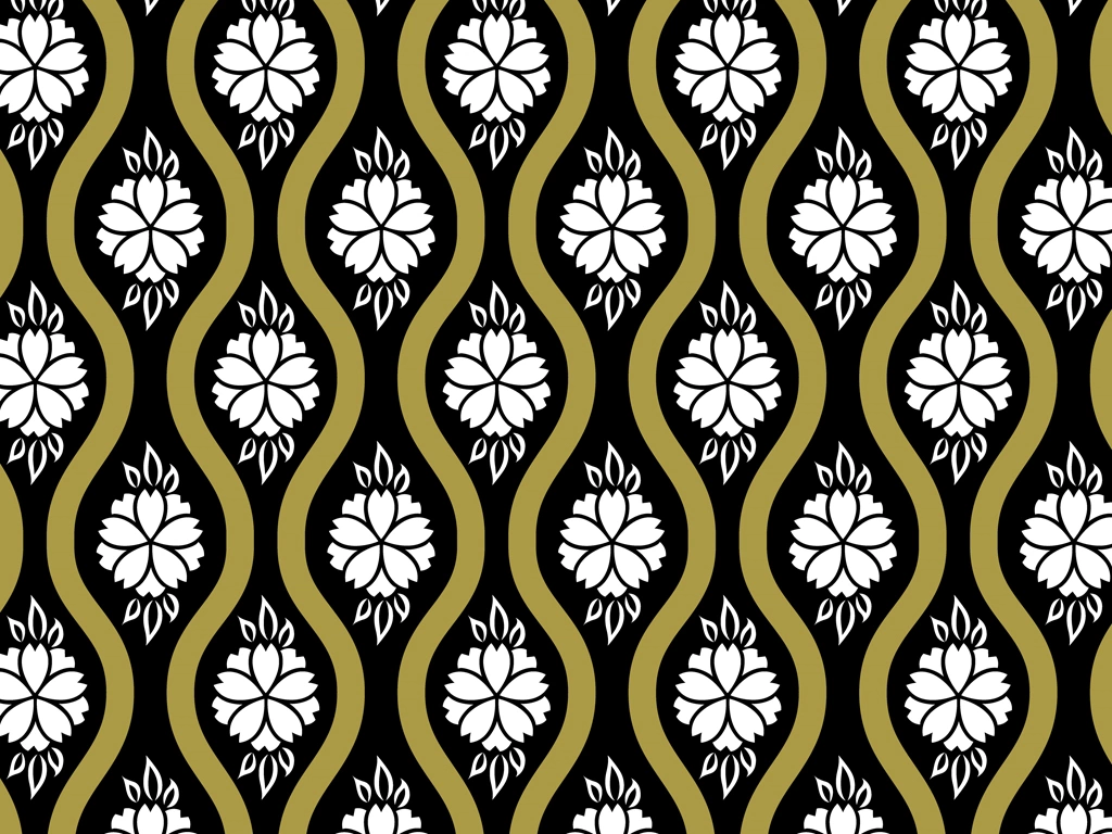 White Flower and Gold Tatewaku Pattern with Black Background Illustration