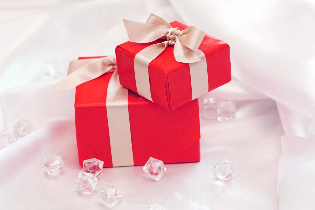 Two Red Gift Boxes and Glass Cubes Photo