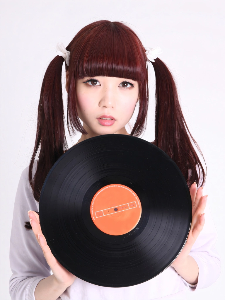 Portrait of a Brown Haired Japanese Woman Holding a Record, Photo