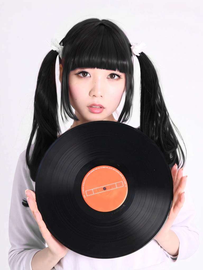 Portrait of a Black Haired Japanese Woman Holding a Record, Photo