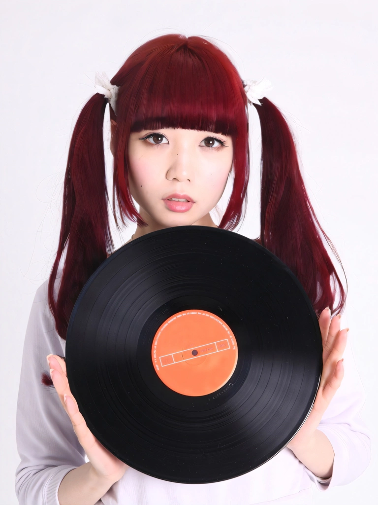 Portrait of a Red Haired Japanese Woman Holding a Record, Photo