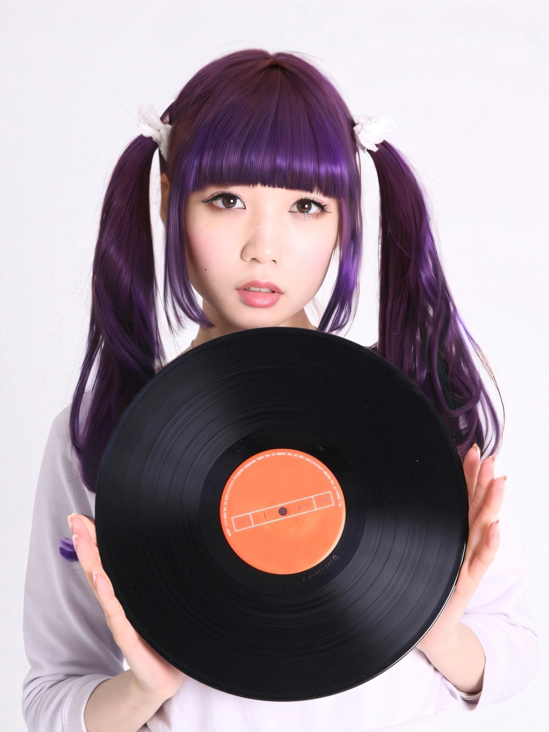 Portrait of a Purple Haired Japanese Woman Holding a Record, Photo