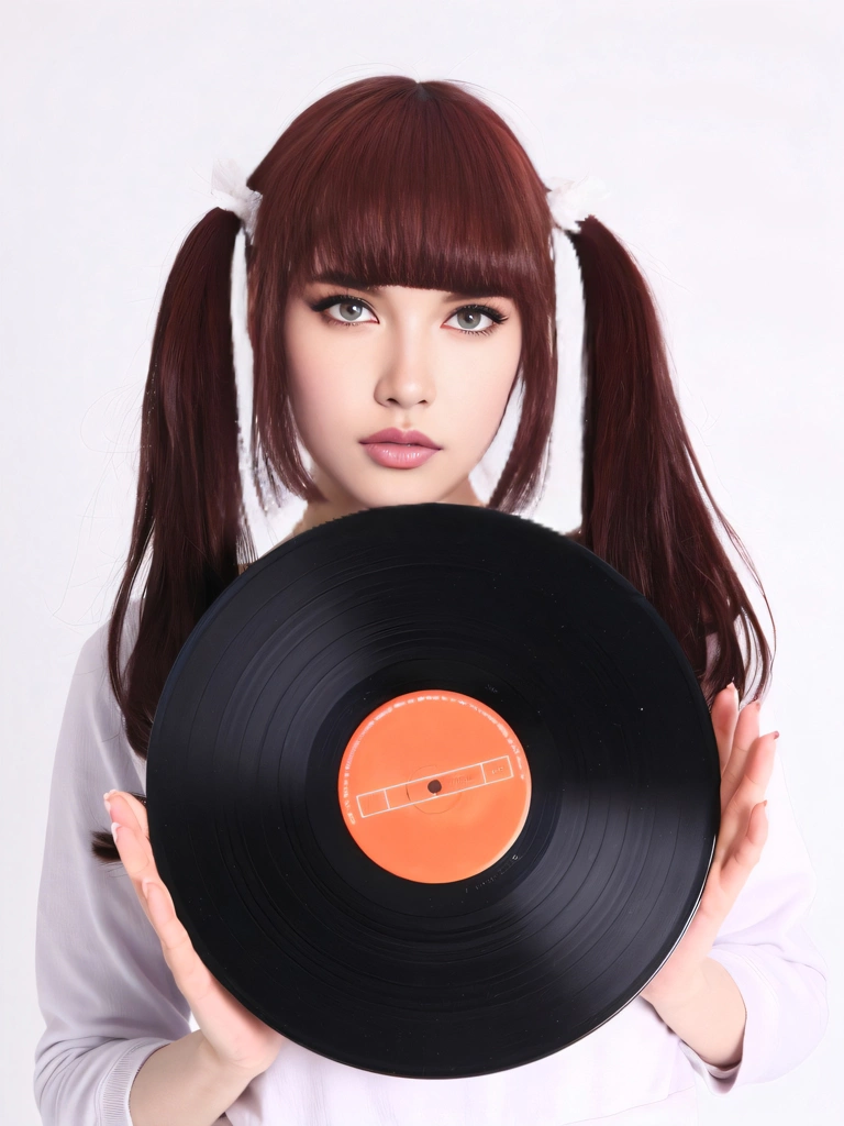 Portrait of a Brown Haired Woman Holding a Record, Photo