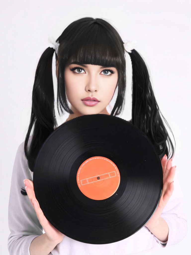 Portrait of a Black Haired Woman Holding a Record, Photo