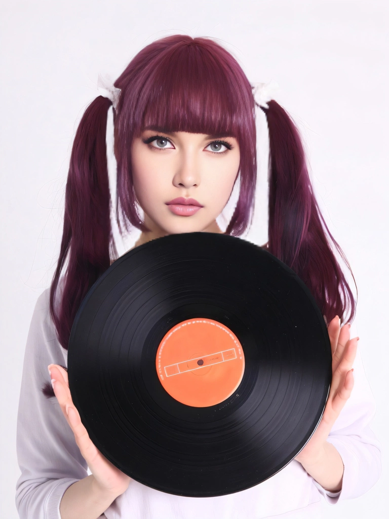 Portrait of a Pink Haired Woman Holding a Record, Photo