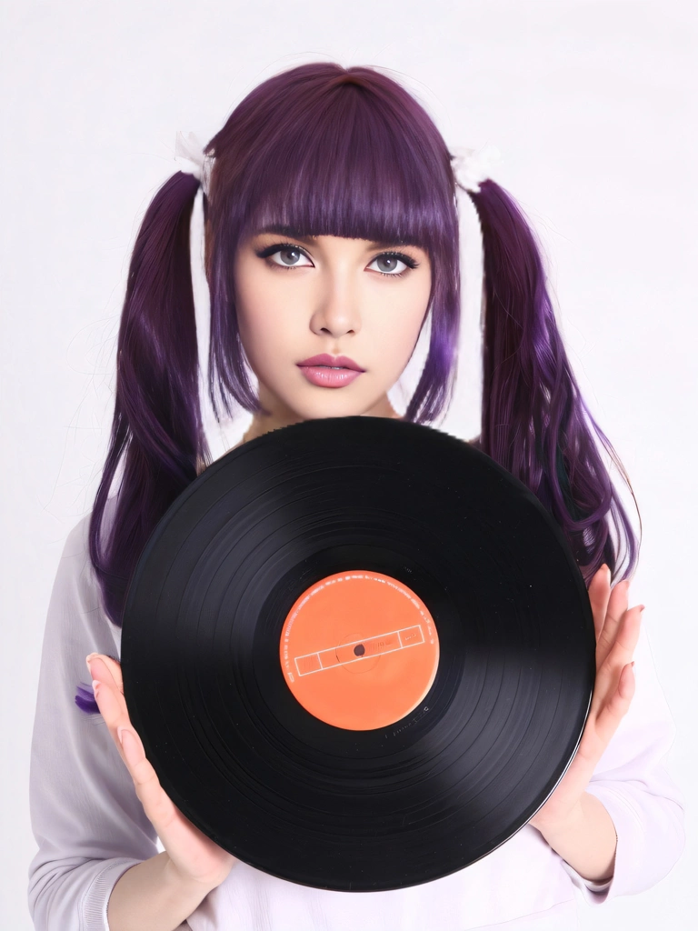 Portrait of a Purple Haired Woman Holding a Record, Photo