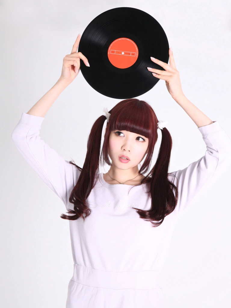 Portrait of a Brown Haired Japanese Woman Holding Up a Record, Photo