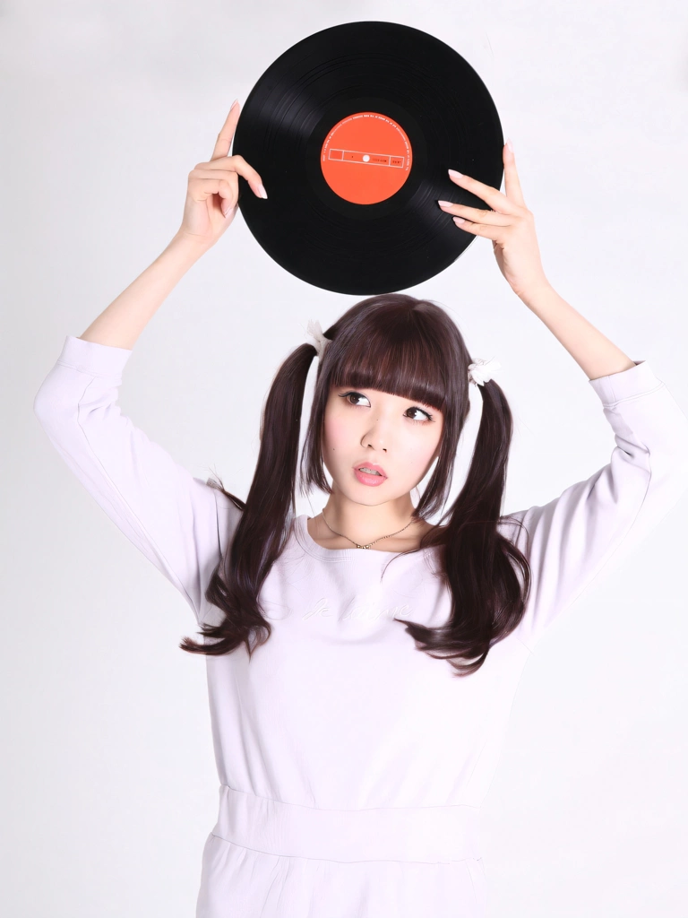 Portrait of a Black Haired Japanese Woman Holding Up a Record, Photo