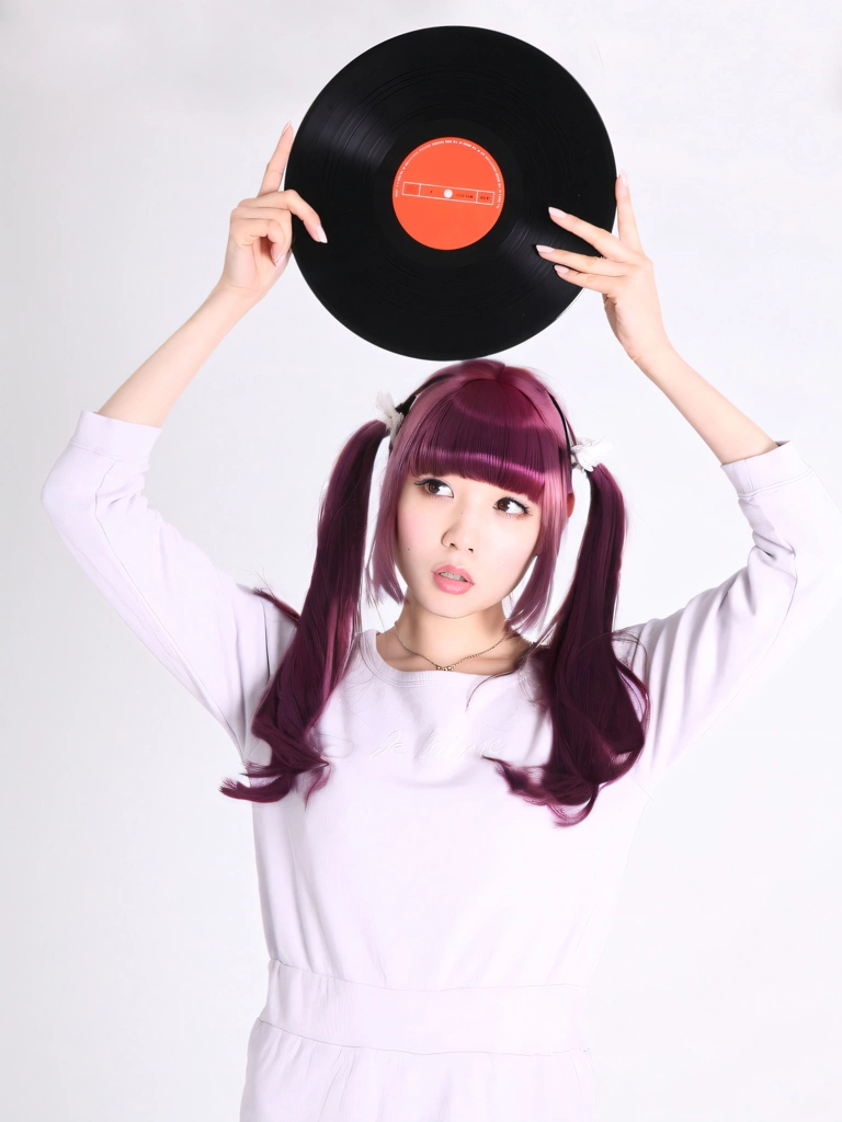 Portrait of a Pink Haired Japanese Woman Holding Up a Record, Photo