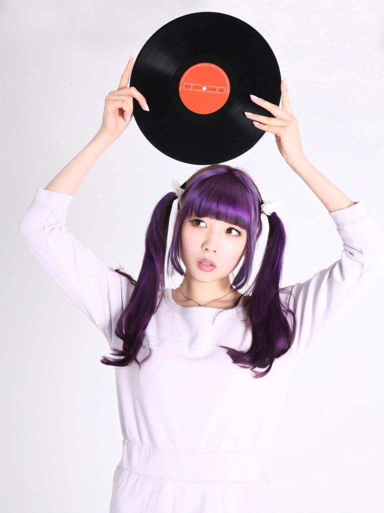 Portrait of a Purple Haired Japanese Woman Holding Up a Record, Photo