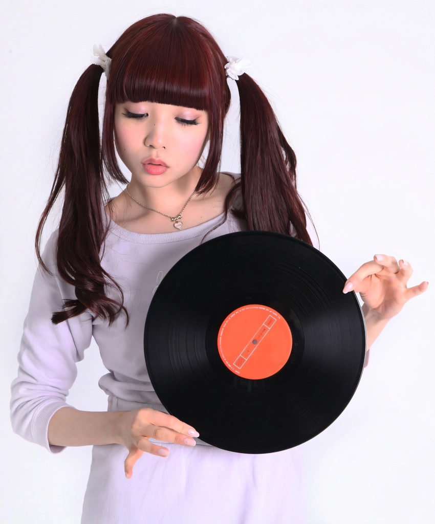 Portrait of a Brown Haired Japanese Woman with Downcast Eyes Holding a Record, Photo