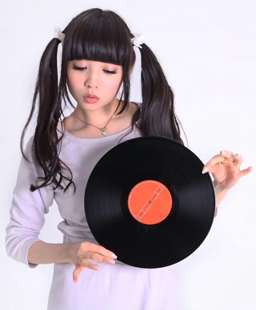 Portrait of a Black Haired Japanese Woman with Downcast Eyes Holding a Record, Photo