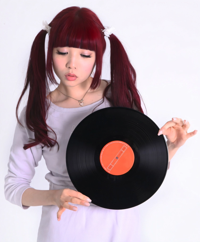 Portrait of a Red Haired Japanese Woman with Downcast Eyes Holding a Record, Photo