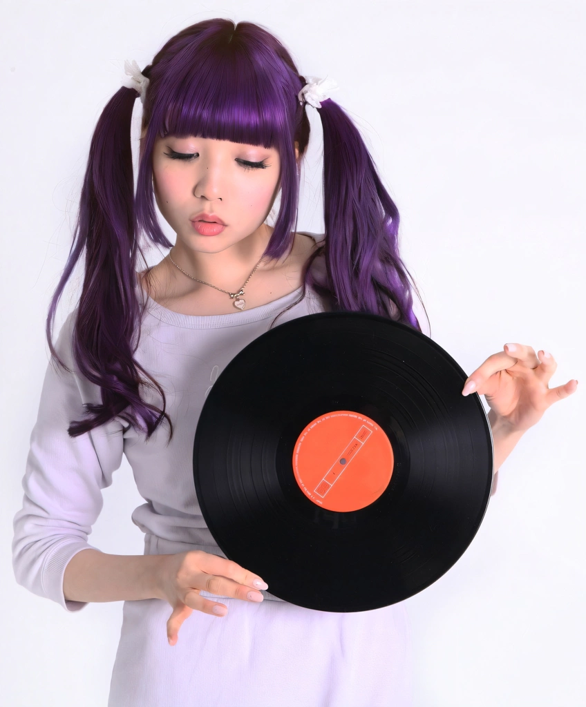 Portrait of a Purple Haired Japanese Woman with Downcast Eyes Holding a Record, Photo