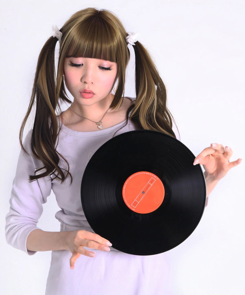 Portrait of a Blonde Haired Japanese Woman with Downcast Eyes Holding a Record, Photo