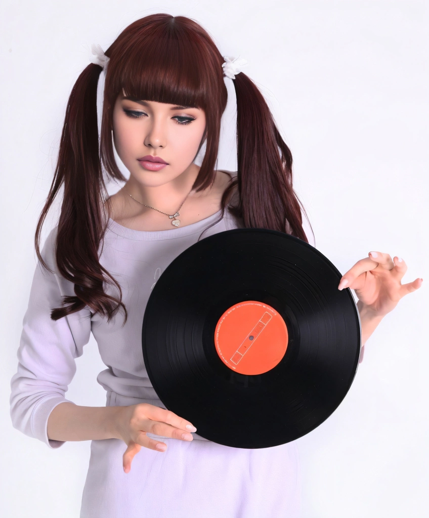 Portrait of a Brown Haired Woman with Downcast Eyes Holding a Record, Photo