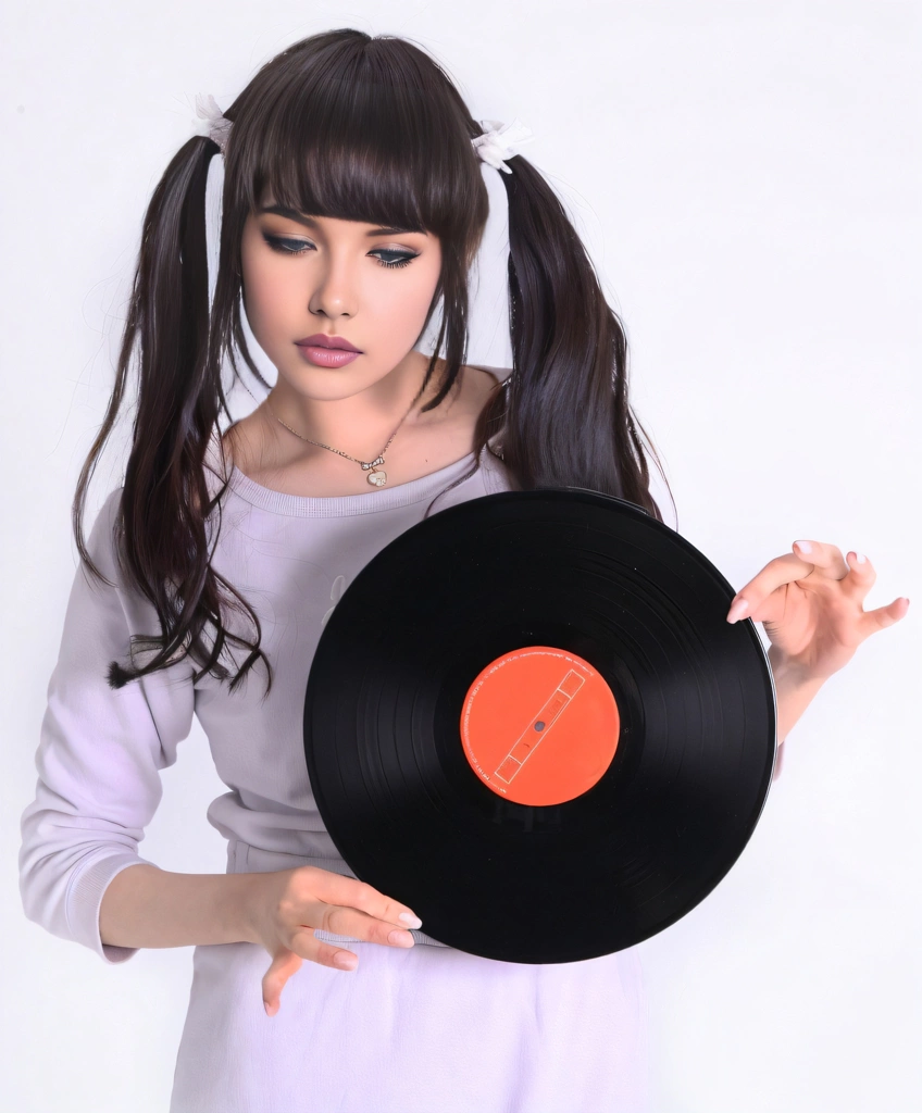 Portrait of a Black Haired Woman with Downcast Eyes Holding a Record, Photo