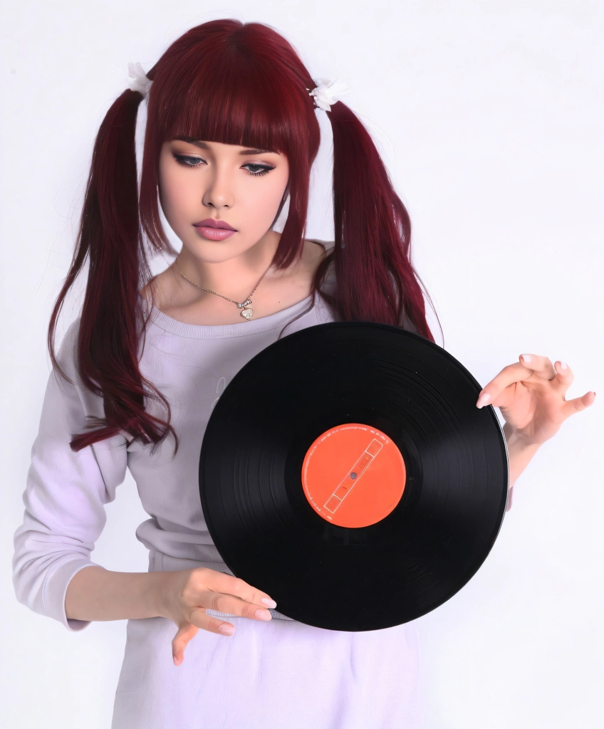 Portrait of a Red Haired Woman with Downcast Eyes Holding a Record, Photo