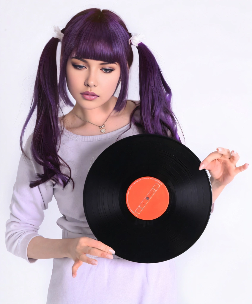 Portrait of a Purple Haired Woman with Downcast Eyes Holding a Record, Photo