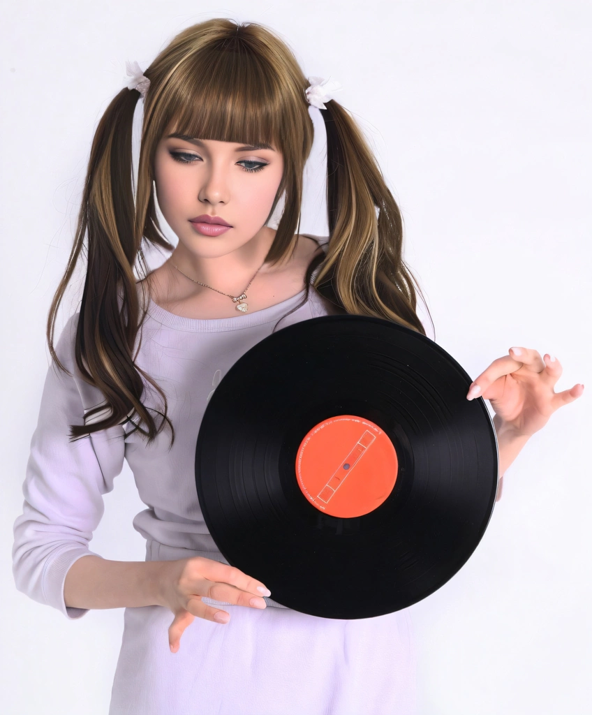 Portrait of a Blonde Haired Woman with Downcast Eyes Holding a Record, Photo