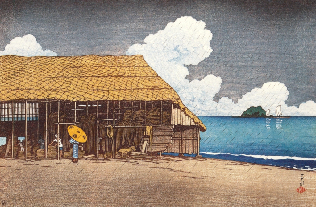 Souvenirs of My Travels, 2nd Series: Seaside Cottage (Etchu-Himi) by Hasui Kawase (1921), from Kawase Hasui 130th Anniversary Exhibition Catalogue