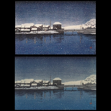 Souvenirs of My Travels, 2nd Series: Port of Ebisu, Sado by Hasui Kawase (1921)