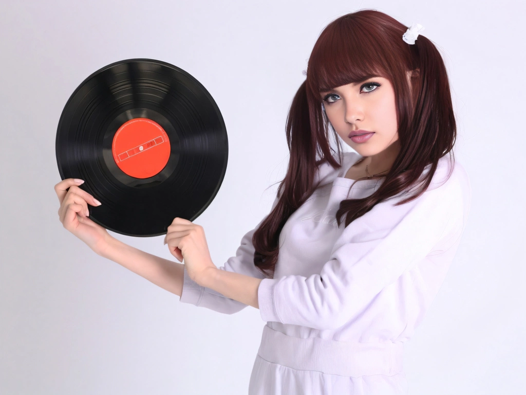 Portrait of a Young Woman with Brown Hair Holding a Vinyl Record, Photo