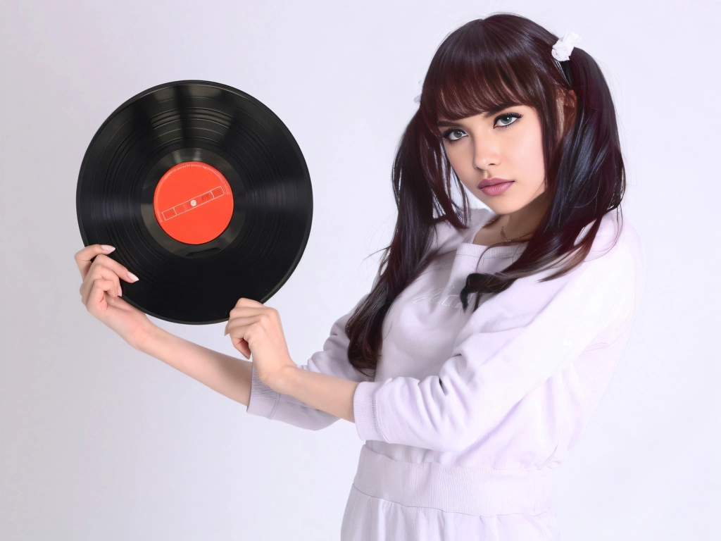 Portrait of a Young Woman with Black Hair Holding a Vinyl Record, Photo