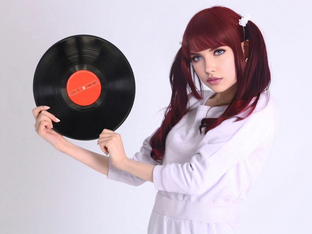 Portrait of a Young Woman with Red Hair Holding a Vinyl Record, Photo