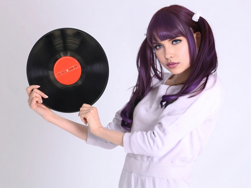 Portrait of a Young Woman with Purple Hair Holding a Vinyl Record （hair color change by AI）, Photo