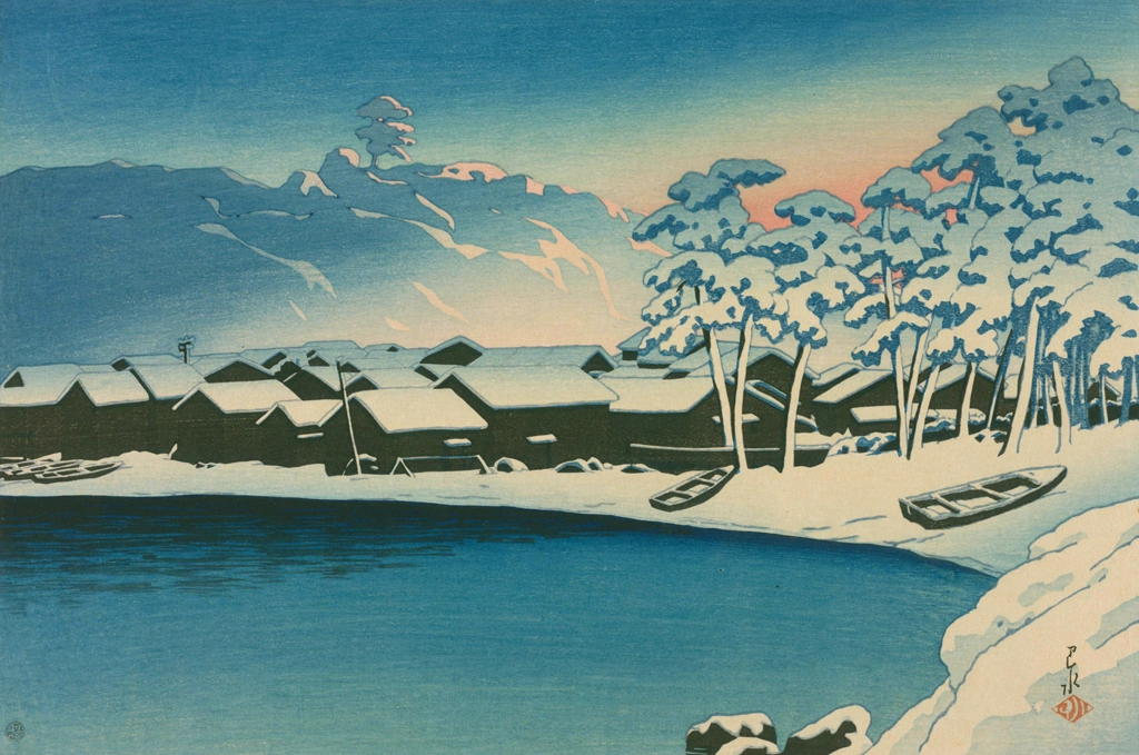 Souvenirs of My Travels, 2nd Series: Snow Scene at Dawn (Port of Ogi, Sado) by Hasui Kawase (1921), from Souvenirs of My Travels, 2nd Series