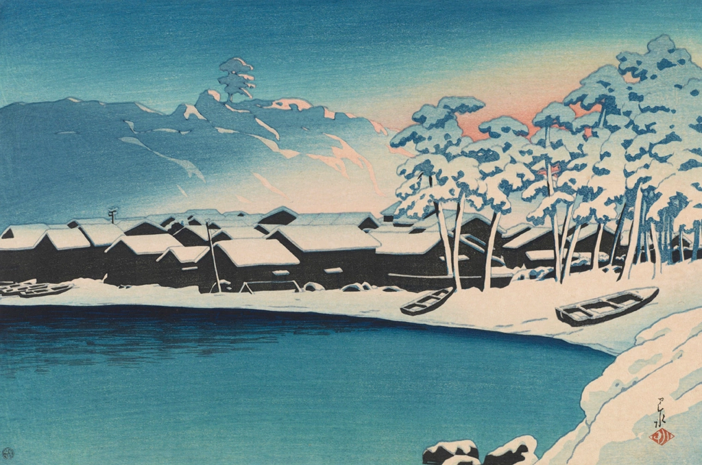 Souvenirs of My Travels, 2nd Series: Snow Scene at Dawn (Port of Ogi, Sado) by Hasui Kawase (1921), from Smithsonian National Museum of Asian Art