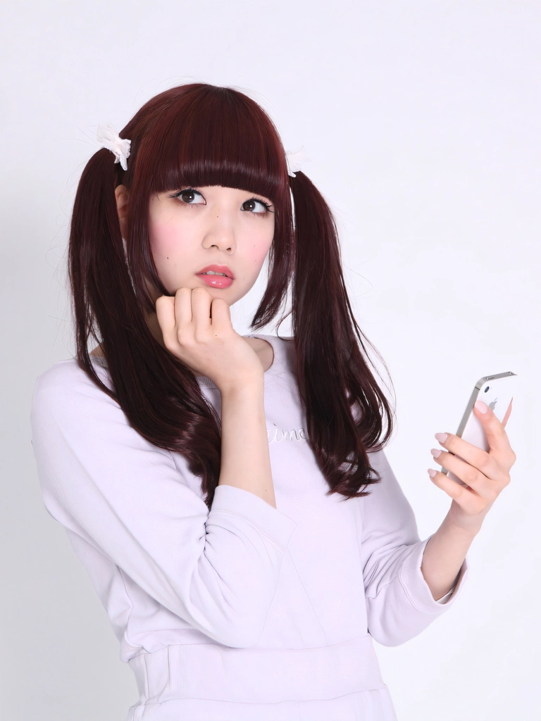 Portrait of a Brown Haired Japanese Woman Thinking with a Smartphone, Photo