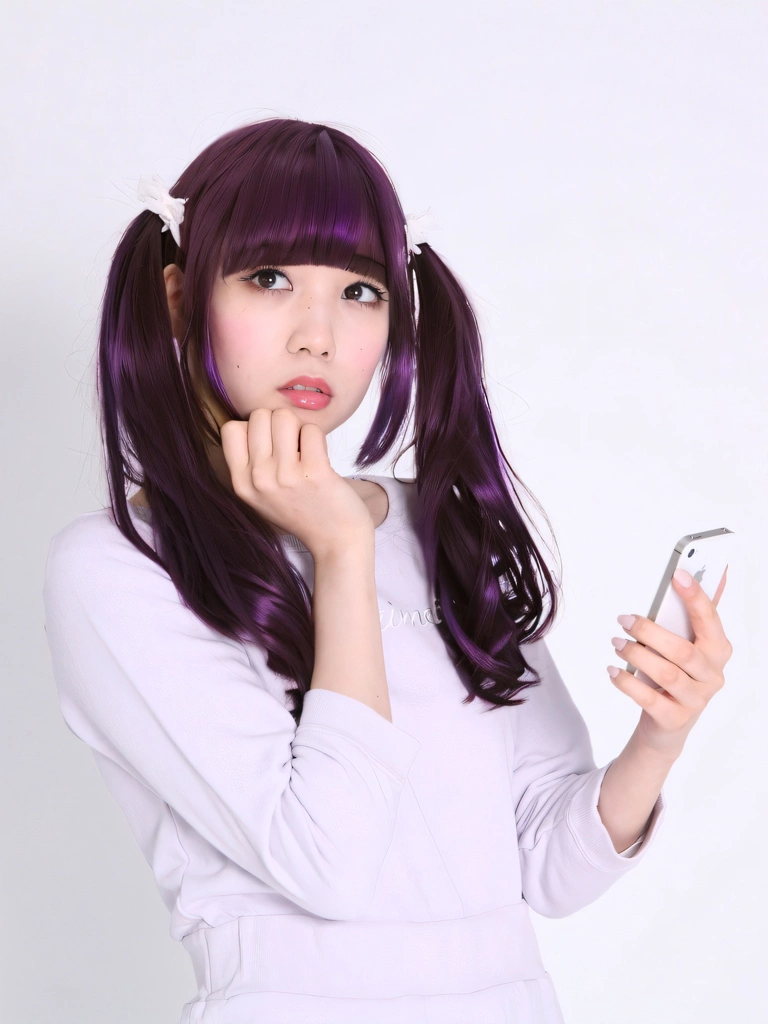 Portrait of a Purple Haired Japanese Woman Thinking with a Smartphone, Photo