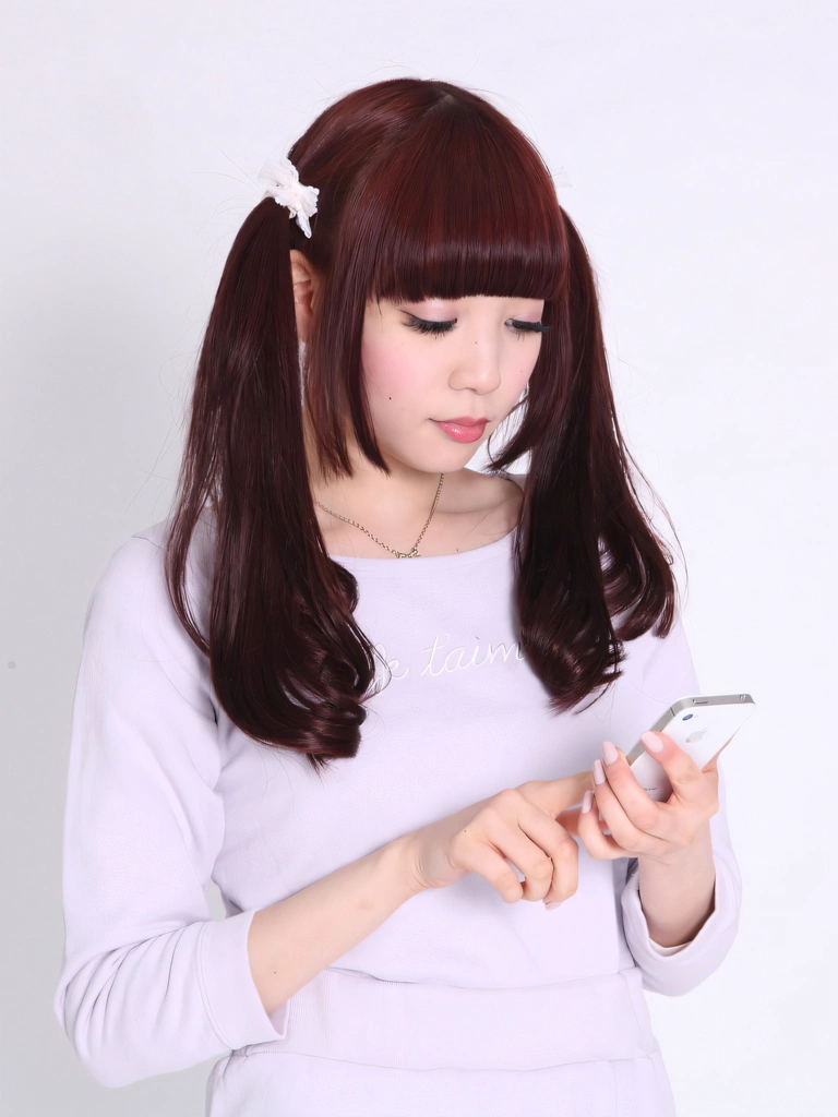 Portrait of a Brown Haired Japanese Woman Operating a Smartphone, Photo