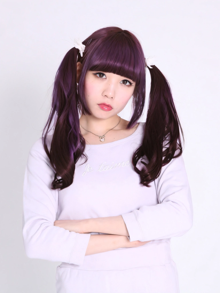 Portrait of an Angry Purple Haired Japanese Woman with Her Arms Crossed, Photo