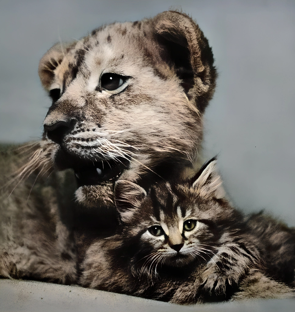 Untitled (A Lion Cub and a Kitten) by Ylla, AI Colorization