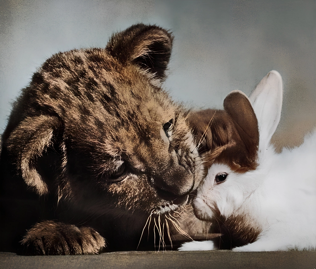 Untitled (A Lion Cub and a Rabbits) by Ylla, AI Colorization