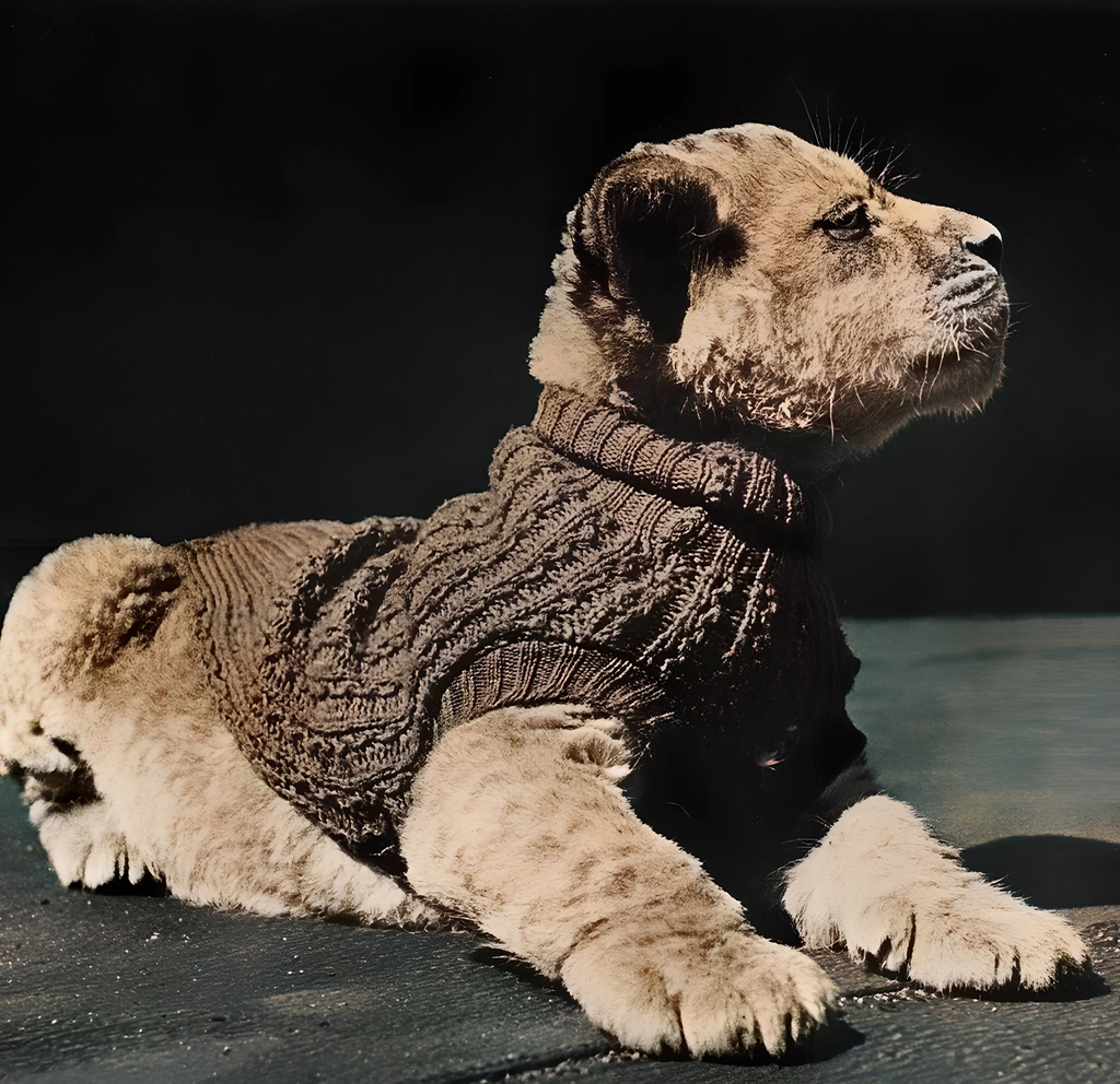 Animal Photos of a Lion Cub Wearing Sweater by Ylla, AI Colorization