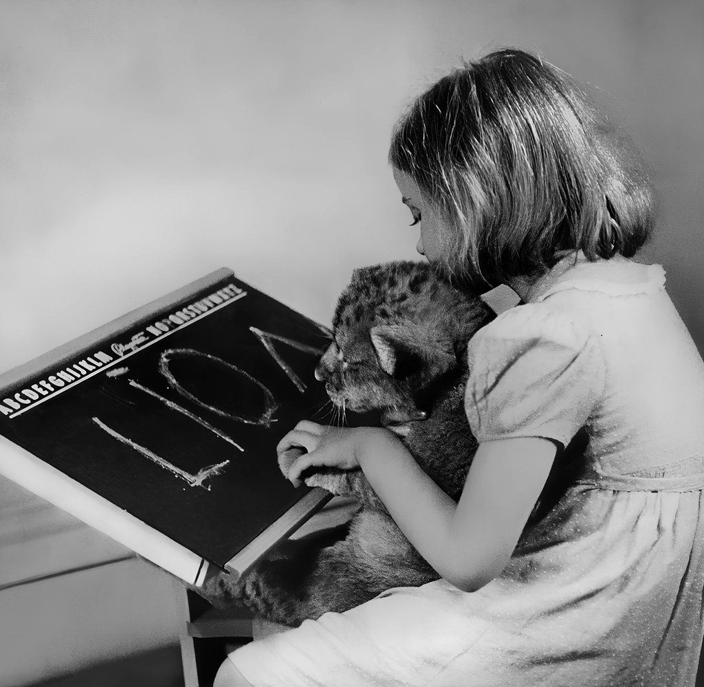 Untitled (Photos of a Girl Teaching a Lion Cub to Read) by Ylla, from The Sleepy Little Lion