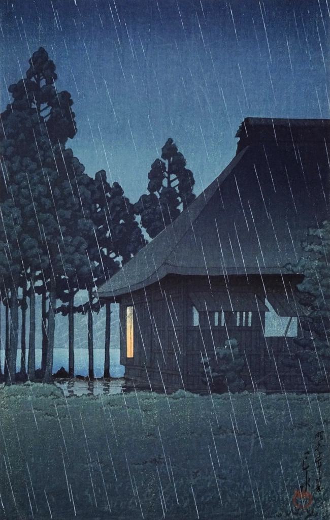 Scenes of the Minami Mountain Villa at Moto-Hakone: Tea Ceremony Room in Night Rain at Lakeside by Hasui Kawase (1935), from Pinterest