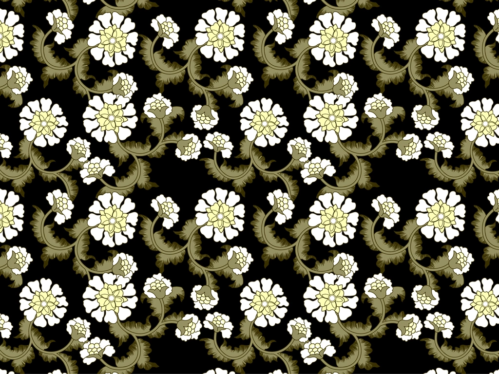 White Floral Chintz Pattern with Black Background Illustration