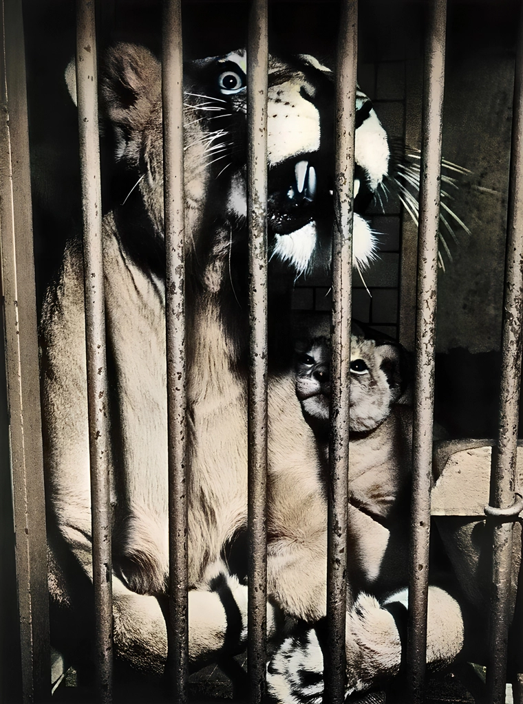 Untitled (nimal Photos of a Lion Mother and a Cub in Cage) by Ylla, AI Colorization