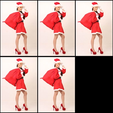 Set of 5 Portrait Photos of a Woman Wearing a Santa Claus Costume and Carrying a Santa Bag